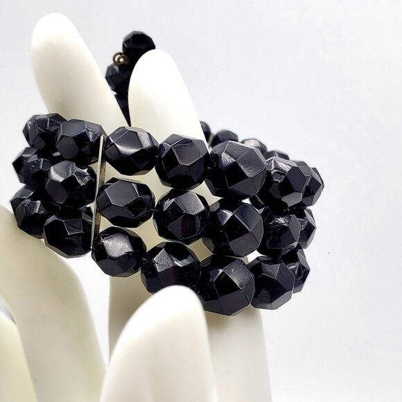 Black Glass Jet Beaded Wire Wrap Bracelet Faceted Coil Gothic Victorian Mourning - Picture 5 of 5